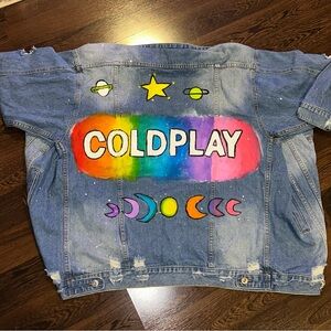 Fashion Nova Blue Denim Coldplay Rainbow Painted Jean Jacket